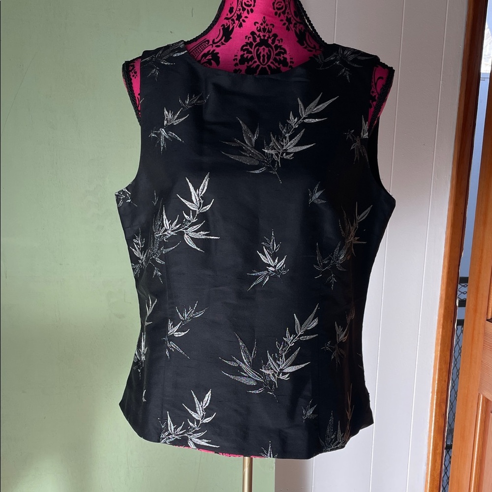 Talbots Elegant Black Blouse with Silver Leaf Design